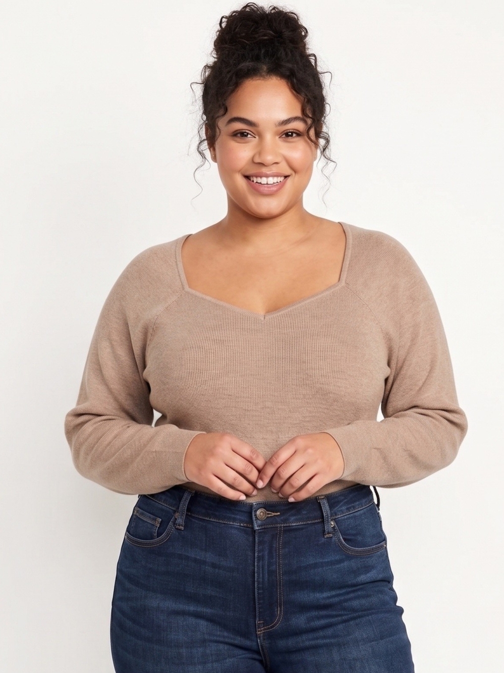 SO Women's Square V-Neck Sweater Bodysuit - Tan